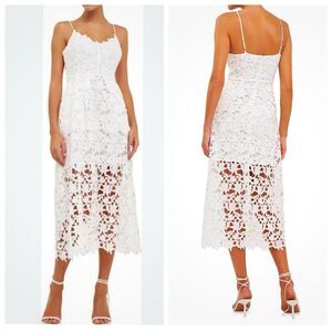 Endless Rose Crotchet Midi Dress Womens Sz XS White Floral Lace Strappy Sleeves